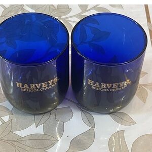 2-Vintage Cobalt Blue Harveys Bristol Cream Tumbler Glasses 3-3/8" Tall